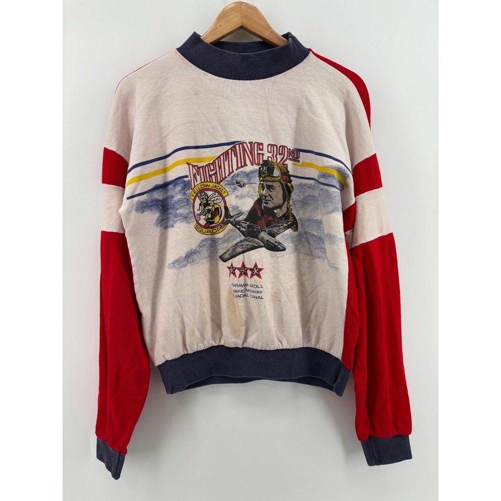 Vintage Fighting 32nd Yellow Jacket Squadron Sweatshirt Boys White Red Mock Neck